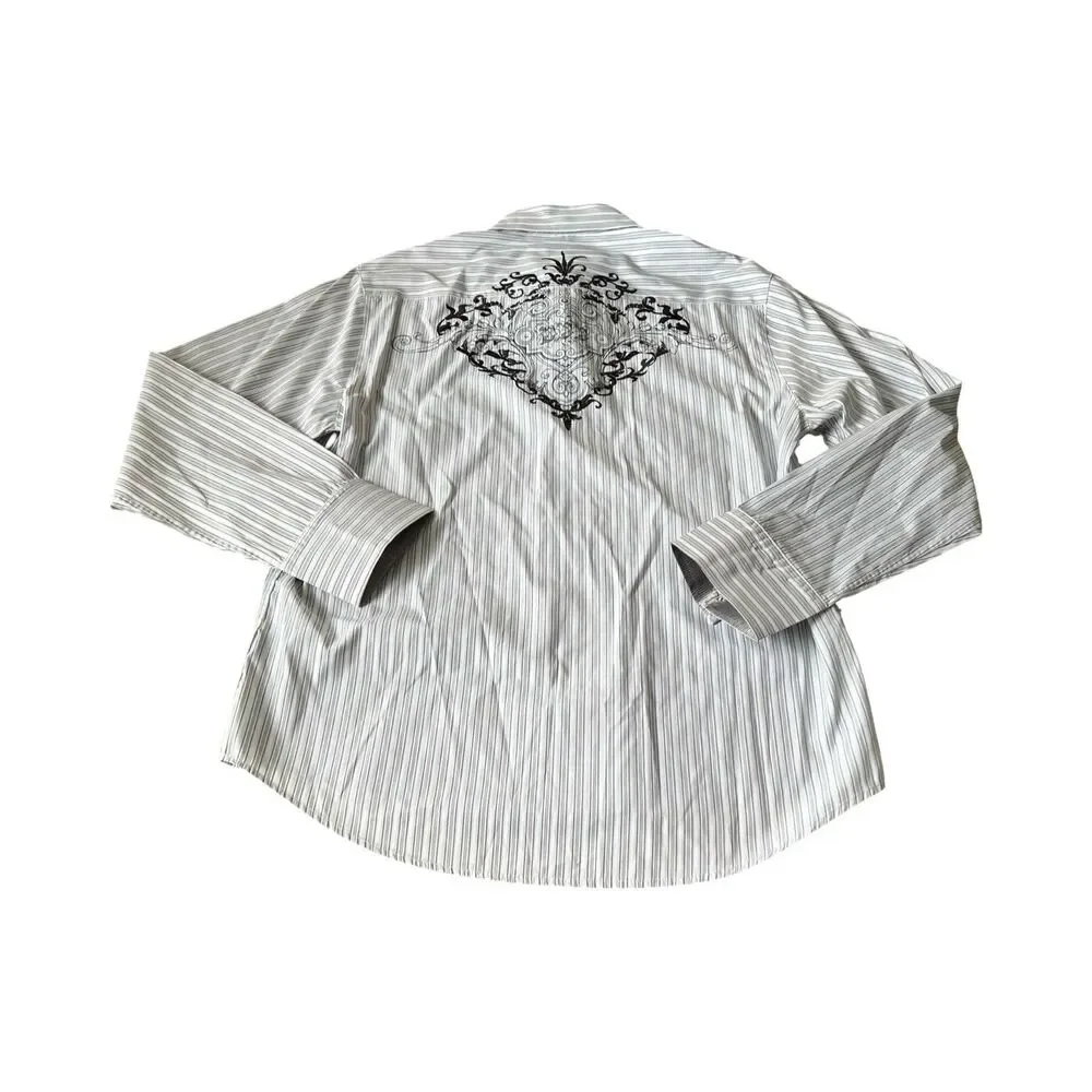 7 Diamonds Mens XXL Long Sleeve Button Down Shirt Striped Embroidered White Blue